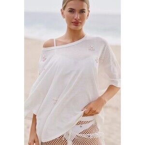 Anthropologie Celandine Shells for Days Embellished T-Shirt Top White 1X 284400